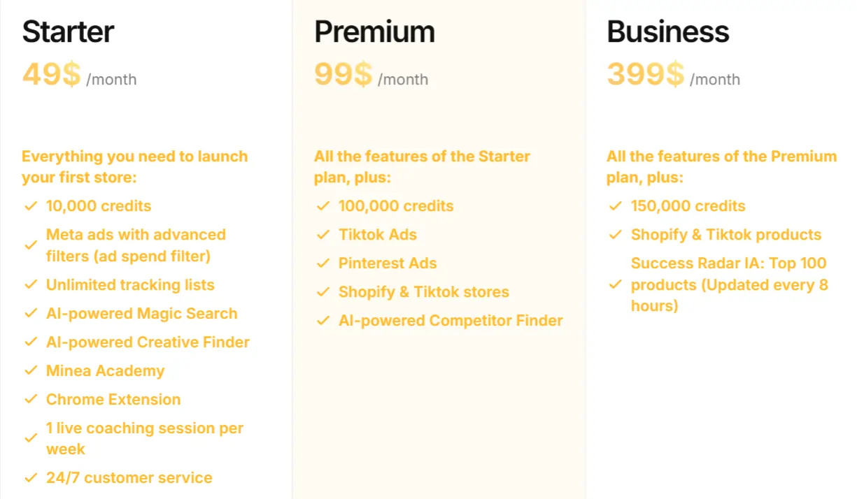 Minea Pricing- Monthly Plans
