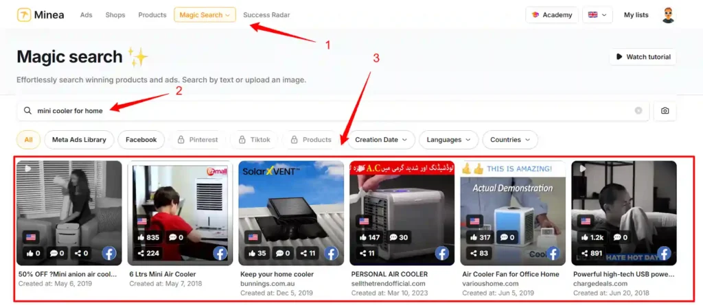 Minea AI Magic Search