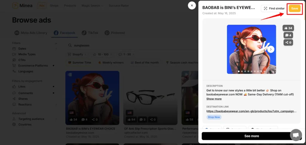 Minea Facebook Ad Bookmark Ads