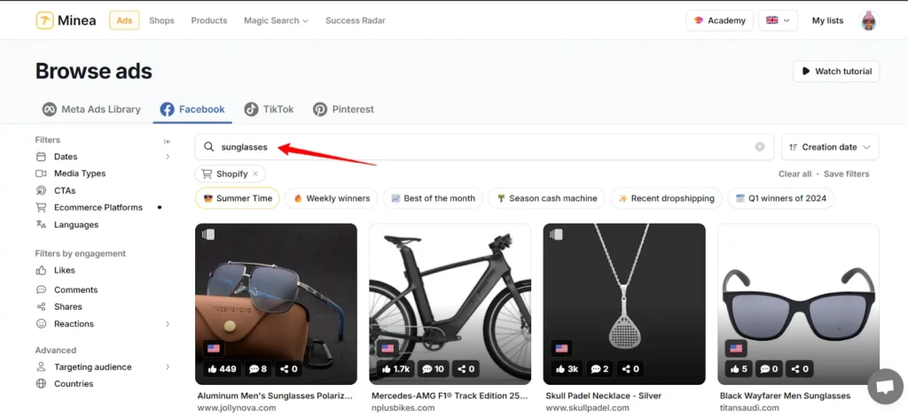 Minea - Facebook Ad Spy Niche Keyword