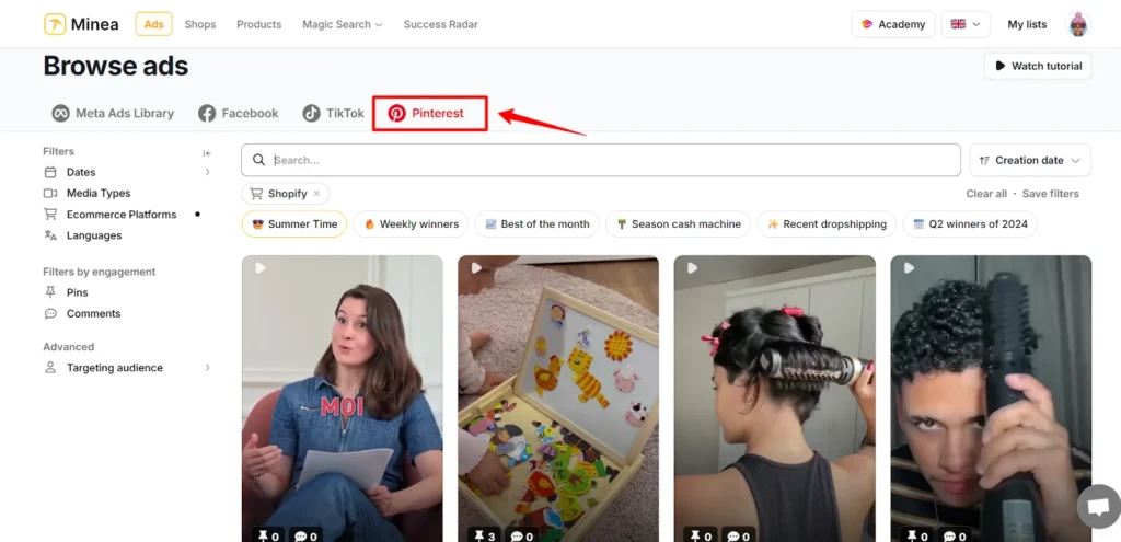 Minea - Pinterest Ad Spy