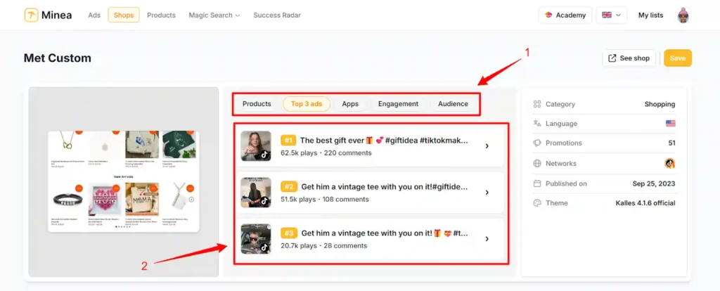 Reviewing competitors TikTok campaigns with Minea