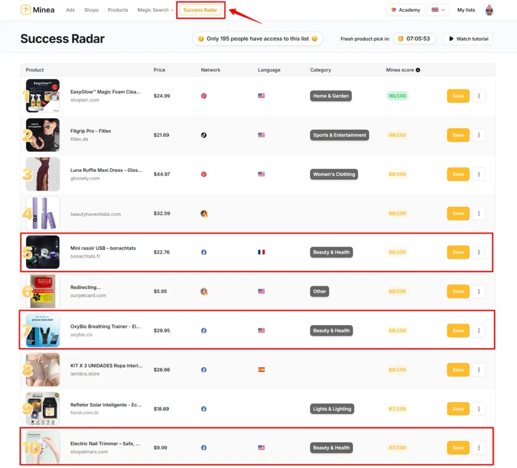 Minea Success Radar - Finding Spot Trends Categories